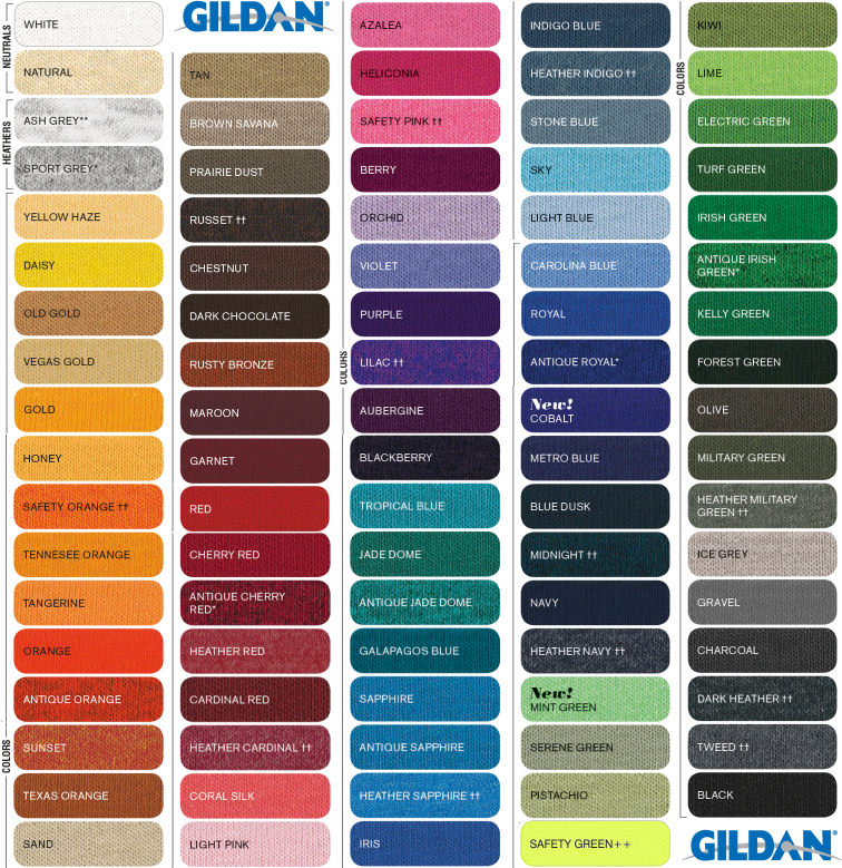 Gildan Color Chart 2016